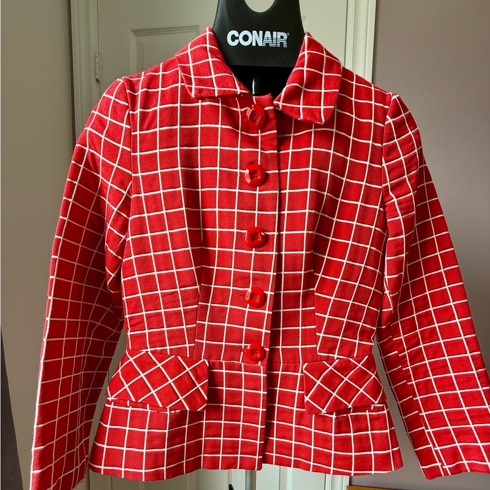 Red Windowpane Peplum Blazer